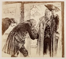 Gerichtsrat Walter tritt, freundlich den Hut lüftend, von rechts zur Tür herein, von Adam und Licht untertänig begrüßt, zu Heinrich von Kleist "Der zerbrochene Krug"