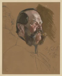 Karl Prinz von Preußen, Brustbild, Dreiviertelprofil nach rechts in Untersicht, links: Gesicht im Profil nach rechts (durchgestrichen), Porträtstudie zu „Die Krönung Wilhelms I. in Königsberg“