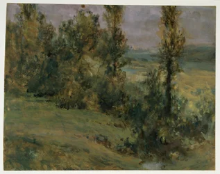 Landschaft mit Laubbäumen bei trüber Luft