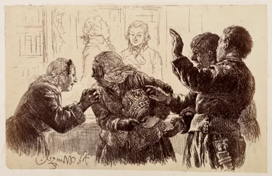 Marthe mit den Krugscherben im Arm, steht zwischen Veit und Ruprecht und Eve fleht die Mutter an, von der Klage abzusehen, zu Heinrich von Kleist "Der zerbrochene Krug"