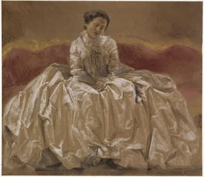 Modellstudie (Menzels Schwester Emilie) für Prinzessin Wilhelmine von Preußen auf dem Sofa sitzend. Vorstudie zum Gemälde "Flötenkonzert Friedrichs des Großen in Sanssouci"