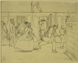 Reisende an der Bahnstation („Für Herren“)