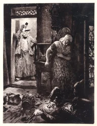 Ruprecht mit der Türklinke in der Hand liegt in Evas Zimmer am Boden. Marthe kommt mit der Lampe, zu Heinrich von Kleists „Der zerbrochene Krug“