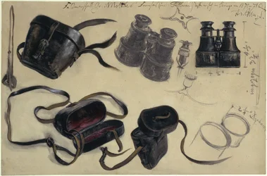 Studie nach dem Fernglas des Feldmarschalls Graf von Moltke, Futteral und Details, mit Notizen