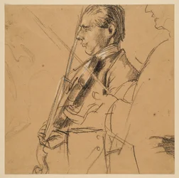 Violinspieler. Halbfigur. Profil nach links. Rechts Profilskizze. Vorstudie zum Gemälde „Flötenkonzert Friedrichs des Großen in Sanssouci“