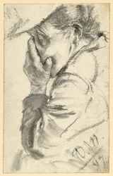Weinende alte Frau, das Gesicht in die Hand gepresst, Brustbild nach links