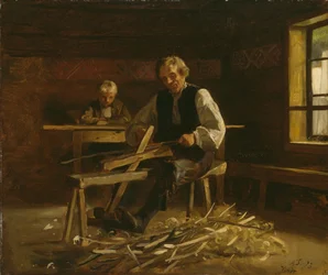 Interieur aus Vikøy mit einem Bauern bei der Herstellung von Fassreifen