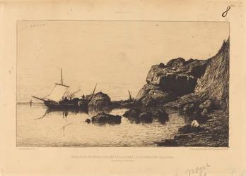 Fischerboot macht Halt in den Felsen von Collioure