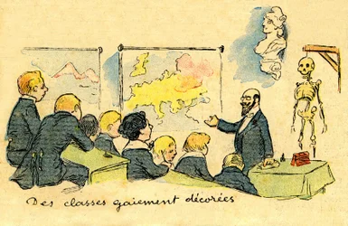 Klassenzimmerlehrer vor Schülern in Uniform, in einem „fröhlich dekorierten“ Raum (Geografiekarten, Büste von Marianne und... Skelett!) im Jahr 1900. Zeichnung von A. Wilette im illustrierten Supplement zur Depeche de Toulouse Nr. 41, 12. Oktober