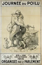 Erster Weltkrieg: Plakat zu Ehren der Soldaten, das die Wiedervereinigung eines Paares für den Tag des Haarigen am 25. und 26. Dezember darstellt