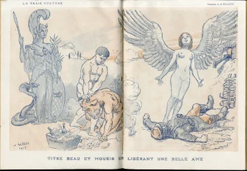 Illustration von Adolphe dit Willette (1857-1926) in „Fantasio“, 01/05/15 - Schön leben und sterben, indem man eine schöne Seele freigibt - Krieg von 14-18, Tote Leichen, Barbarei/Kultur, Marmelade aus Schädeln - Soldaten