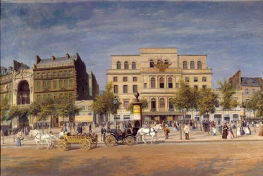 Gesamtansicht der Theater des Boulevard du Temple vor dem Durchbruch des Boulevard Prince Eugene, Detail der Pariser Kutschen vor dem Imperial Theatre. Gemälde von Adolphe Potemont