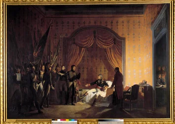 Erste Italienkampagne (1796-1797): „Napoleon Bonaparte (1769-1821) empfängt in Millesimo die bei der Schlacht von Montenotte und der Eroberung von Cossaria erbeuteten Austrosardischen Fahnen, präsentiert von den Generälen Marmont und Jean Andoche Junot (Je