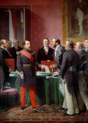 Kaiser Napoleon III. (1808-1873) übergibt Baron Georges Haussmann (1809-1891) das Dekret zur Annexion der benachbarten Gemeinden im Juni 1859