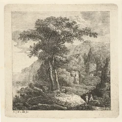 Berglandschaft mit Bäumen, Schloss und zwei Figuren