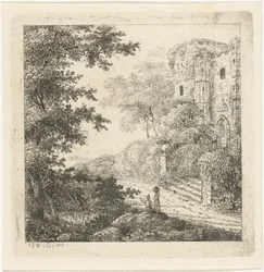 Landschaft mit Figuren bei einer Burgruine