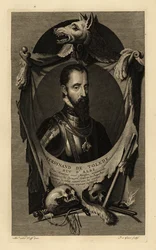 Porträt von Ferdinand Alvarez de Toledo y Pimentel, 3. Herzog von Alba, oder der Eiserne Herzog. In Rüstung mit Kette des Ordens vom Goldenen Vlies. Mit Wolfspelz, menschlichen Schädeln, Schwert, Dolch und Steinschlosspistole. Kupferstich