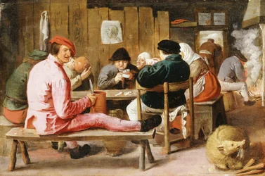 Rauchende und trinkende Bauern an einem Tisch in einer Schenke, um 1625