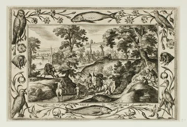 Hirschjagd, aus Landschaften mit Szenen aus dem Alten und Neuen Testament und Jagdszenen
