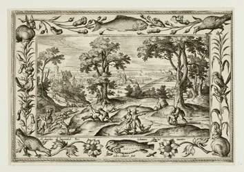 Hasenjagd, aus Landschaften mit Szenen aus dem Alten und Neuen Testament und Jagdszenen