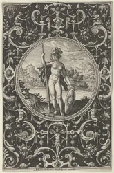 Minerva in einem dekorativen Rahmen mit Grotesken, aus dem Urteil des Paris, ca. 1580-1600