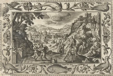 Rebekka und Eliëzer am Brunnen (Landschaften mit biblischen, mythologischen Szenen und Jagdszenen)