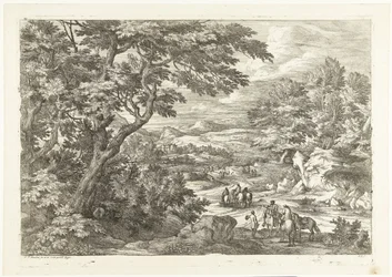 Landschaft mit Jägern auf dem Heimweg, in der Ferne ein Schloss (Landschappen met jagers)