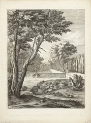 Landschaft mit zwei Männern bei einem Brunnen
