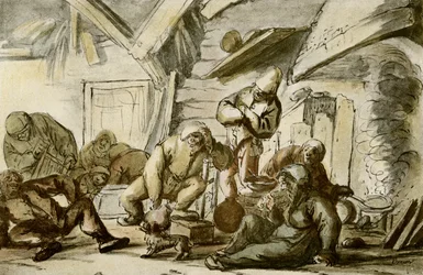 Betrunkene Bauern in einer Taverne