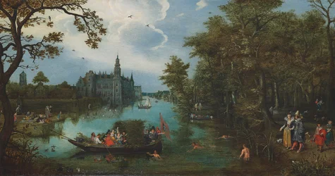 Sommerlandschaft mit Bootsparty und Badenden