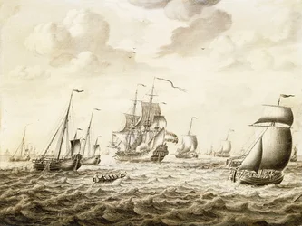 Ein niederländisches Kriegsschiff feuert einen Salut - ein Penschilderij