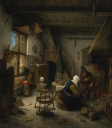 Eine Bauernfamilie in einer Hütte nach einer Mahlzeit