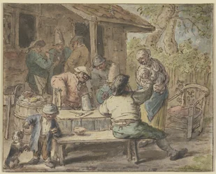 Bauern mit Kindern vor einem Haus