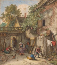 Innenhof mit einer Frau, die Muscheln säubert