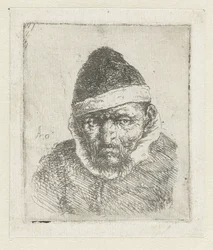 Büste eines alten Bauern mit einer Spitzmütze