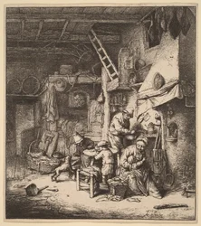 Bauernfamilie in einem Innenraum mit der Mutter, die ein Kind füttert