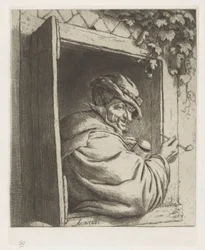 Rauchender Bauer in einem Fenster