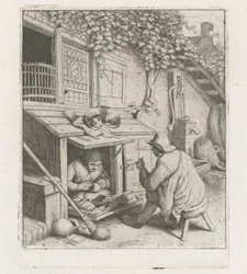 Schuhmacher in einer Werkstatt vor seinem Haus