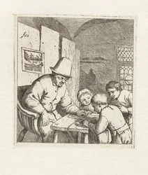 Schulmeister mit drei Schülern am Tisch
