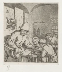 Schulmeister mit drei Schülern am Tisch