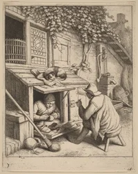 Raucher auf einem Hocker im Gespräch mit einem arbeitenden Schuster
