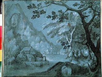 Landschaft mit einer Mühle am Bergsee