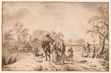 Herbstlandschaft mit Reisenden und Fähre