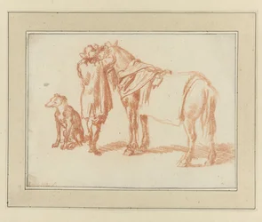 Reiter neben einem Pferd und einem Hund