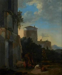 Italienische Dorfstraße mit einem Pferd, Ziegen und einem Mann auf einem Esel