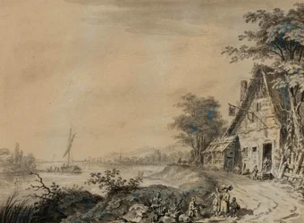 Flusslandschaft mit Figuren bei einem Gasthaus