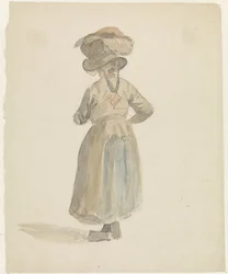 Figurenstudie einer Frau mit einem Korb auf dem Kopf, von hinten