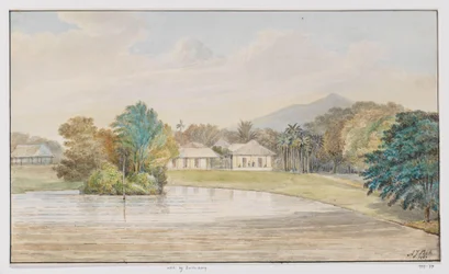 Landschaft mit Wohnhaus und Teich, West-Java
