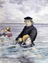 Schwimmunterricht - Zeichnung von Adrien Marie (1848 - 1891), spätes 19. Jahrhundert