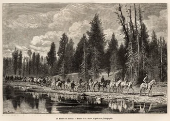 Die gesamte geografische Expedition auf dem Weg zum Mount Hayden entlang des Henri River, gestochen nach einer Zeichnung von A. Marie, zur Illustration einer Reihe geografischer Expeditionen durch den Nationalpark der Vereinigten Staaten von 1870 bis 1872